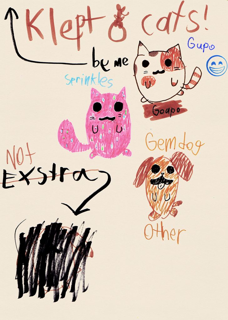 Child's drawing of the KleptoCats Guapo, Sprinkles, and GemDog.