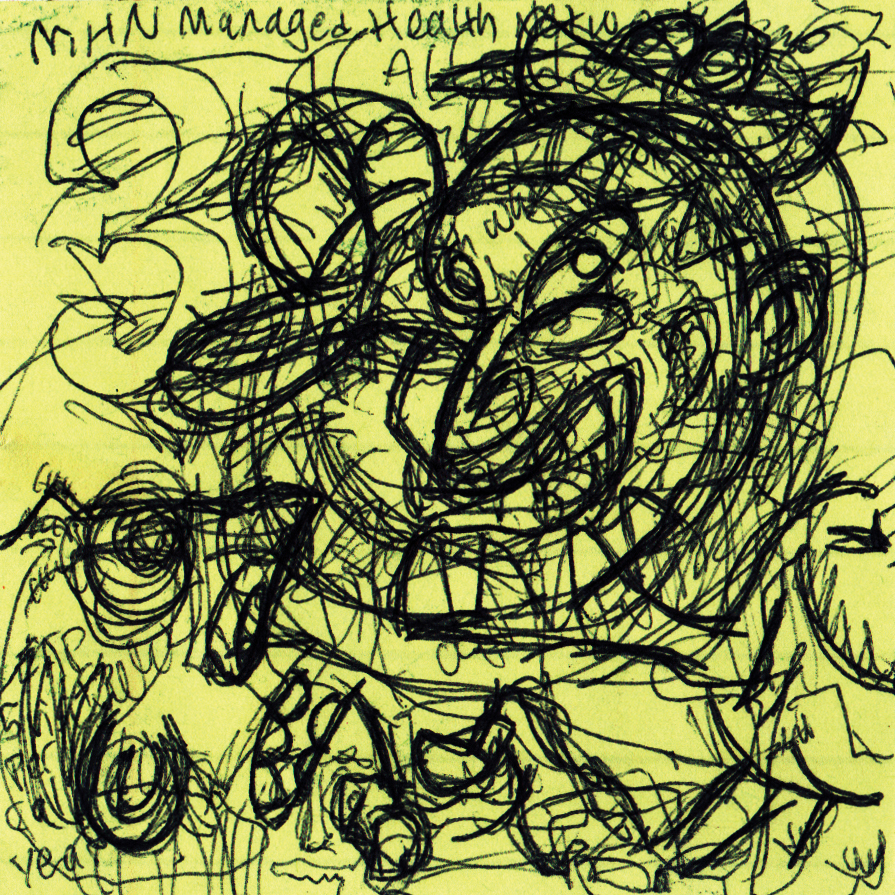 Scratchy drawing on yellow paper of a shirtless, threatening-looking man with too many eyes standing over another man who is afraid.