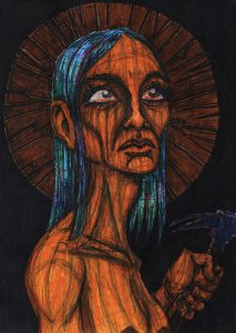 Colored marker drawing of a tired, put-upon looking nude woman holding a hammer and standing in front of a shattered plaque.