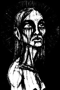 Scratchy black-and-white drawing of a tired, put-upon looking nude woman with a halo.
