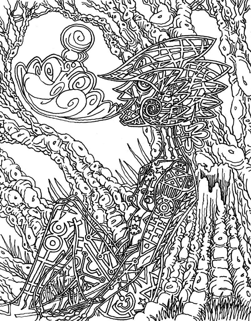 Black-and-white ink drawing of a nude young person sitting in the woods, covered in magic symbols, wearing a virtual reality headset, and breathing out a genie made of smoke.