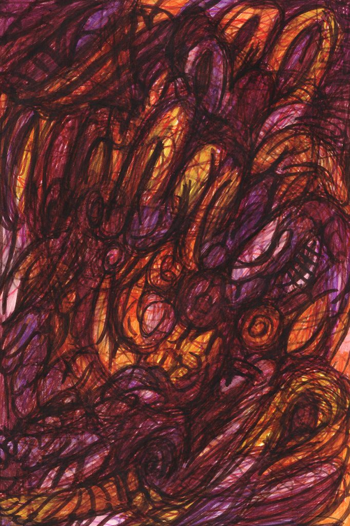 Colored-marker abstract-art drawing of vague cartoon forms in purple, russet, and gold.