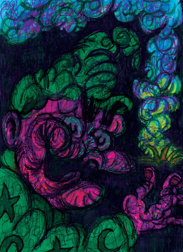 Colored marker drawing of a cartoony, lumpy-looking pink wizard wearing green moon-and-star robes, conjuring flame from his fingers that billows into blue smoke around his head.