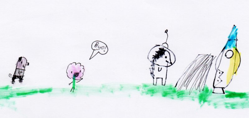 Child’s drawing of an anthropomorphic pig and pink flower standing in a green field. The flower waves and says “Bye!” to a hedgehog astronaut getting into a yellow and blue rocket ship.