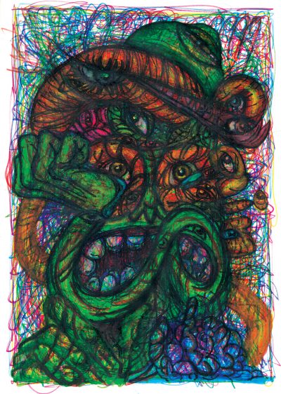 An intricate colored marker drawing of various cartoon forms–faces, eyes, snakes–emerging from chaotic scribbling.