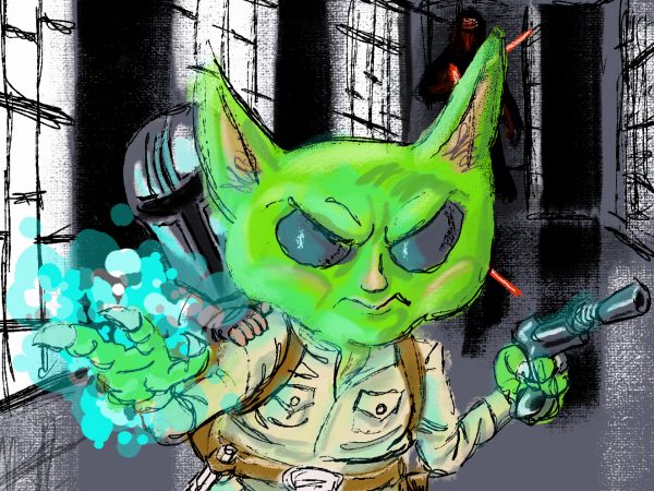 Electronic painting of an adult Grogu sneaking through the halls of the Death Star with a baby Mandalorian on his back. Grogu wears coveralls and boots in the same style as Luke from his visit to Cloud City in The Empire Strikes Back. Blue light glows around his extended right hand while his left hand holds a blaster. In the hallway behind Grogu stands Kylo Ren, red lightsaber extended.