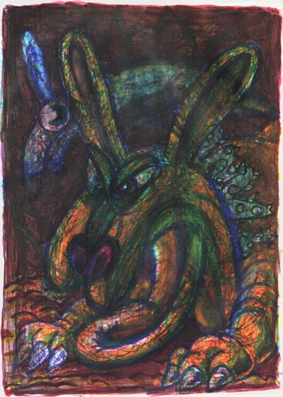 Cartoony colored-marker drawing of a brutish rabbit wearing a necklace of thorns lurking underground. Behind it in the air another ethereal rabbit floats by.
