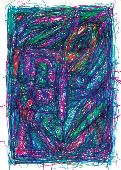 Abstract colored-marker drawing of bright, scribbled, elongated shapes.