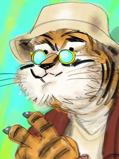 Electronic painting of an anthropomorphic tiger throwing up a peace sign and wearing colored, round-framed glasses, a cardigan, a v-neck, and a bucket hat.