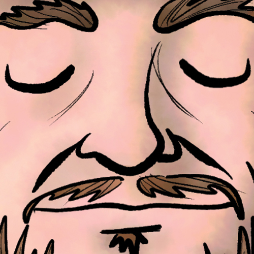 Cartoony computer drawing of a bearded man’s face in close up. His eyes are closed and he has a beatific smile.