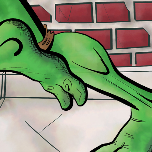 Cartoony computer painting of the running feet of a Teenage Mutant Ninja Turtle.