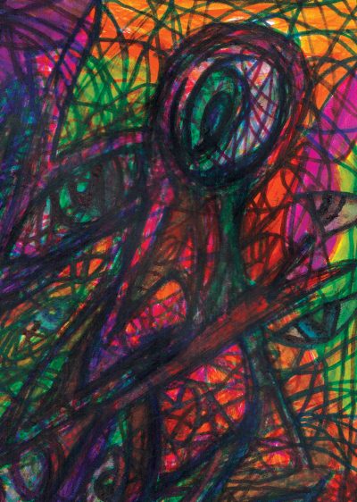 Abstract colored-marker drawing of indistinct forms, including a pink, weeping head that resembles a statue from Easter Island. Vivid colors and fractured lines give an impression of stained glass.