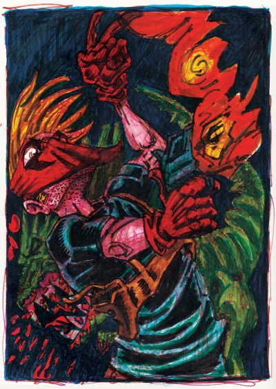 Cartoony colored-marker drawing of Cole Cash, AKA Grifter of Jim’s Lee’s WildC.A.T.s, shooting a gun with one hand and giving a peace sign with the other. Behind him, a wounded daemonite coughs up blood.