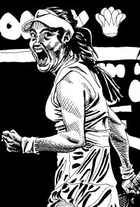 Pen and ink drawing of a female tennis player pumping her fist and shouting triumphantly.