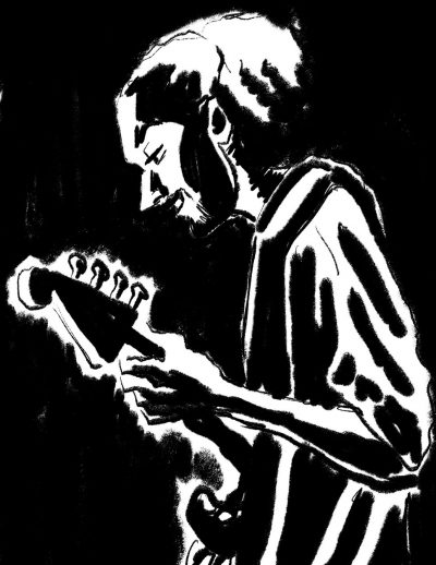 Black and white drawing with heavy use of shadows of a tall, smiling young man playing guitar.