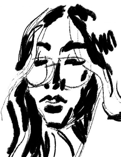 Black and white drawing of a young woman. She wears large glasses and her hair falls around her face.