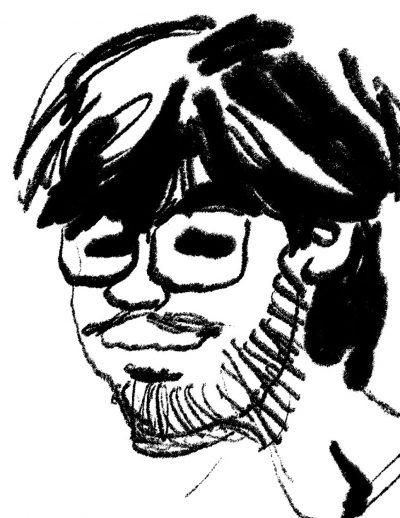 Black and white drawing of a smiling young man. He has shaggy hair, glasses, and facial hair.