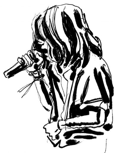 Black and white drawing of a young woman singing into a microphone.
