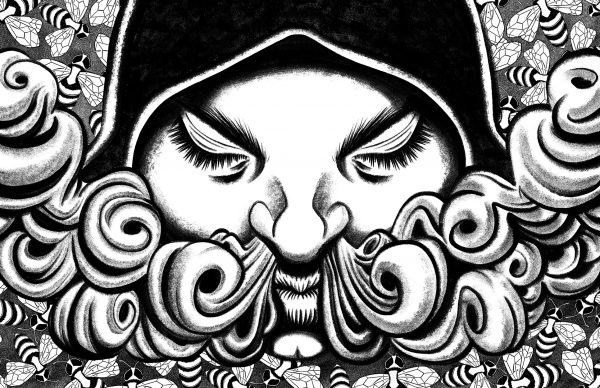 Black-and-white drawing of a young man wearing a hoodie who closes his eyes and French-exhales smoke through his nostrils, calming the bees all around him.