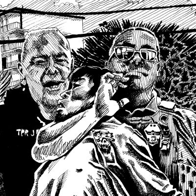 Ink drawing of a middle-aged white cop in a bullet proof vest smiling and holding a young latino man in a one-armed headlock. The young man looks terrified; behind him another middle-aged cop says something with a snarl. The drawing comes from a video by Kenny Laynez-Ambrosio, which was posted by The Guardian and reposted by The New Republic for the article “Immigration Agents Laugh at U.S. Citizen as He Records His Own Arrest” by Ellie Quinlan Houghtaling, July 25, 2025.