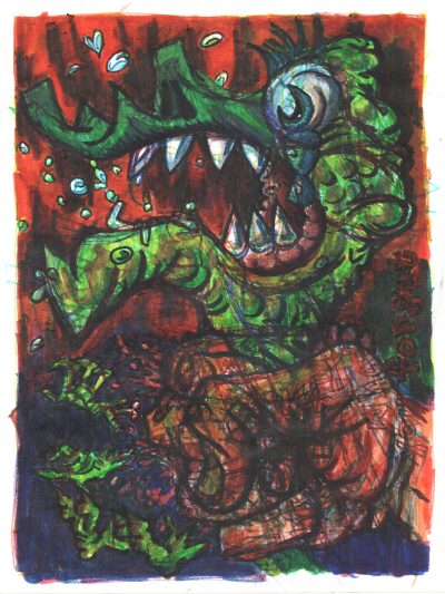 Colored-marker drawing of a meaty human hand gripping a cartoon-style lizard by the neck. The lizard weeps and liquid flies out of its mouth; meanwhile, its legs squeeze through the fingers of the human hand and pop off in a spray of blood. Along the right side of the drawing are red block letters reading, “forget.” “So the Lord God said to the serpent, ‘Because you have done this, cursed are you above all livestock and wild animals! You will crawl on your belly and eat dust all the days of your life.’”--Genesis 3:14, NIV.