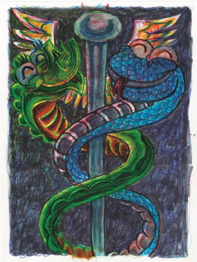Colored-marker drawing of the caduceus, Hermes’s winged staff encircled by two serpents. The staff is colored a metallic blue, its head at the center-top of the drawing with the rod extending downward and cut off by the bottom of the image. The serpent on the left is green with a gold belly; it looks slightly similar to a legless Chinese dragon, with eye lashes, a ridged snout, and spines extending down the center of its back. The serpent on the right is blue with a gray belly and looks more like a typical snake. Both serpents smile beatifically with their eyes closed and red tongues sticking out of their mouths; behind them the gold wings of the caduceus are visible. The background is colored a cloudy blue and gray.