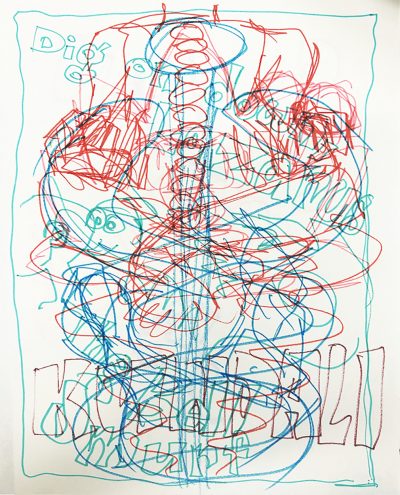 Overlapping colored-marker scribbles depict a male figure seated in the quarter-lotus pose, his head cut off by the top of the image. Stacked ovals suggest his spine, around which a blue staff is drawn entwined by two blue serpents, as in the caduceus, Hermes’s staff. There is also a doodle of a Smurf or one of Jeff Smith’s Bone characters and the words, “Dig on down, Lazarus,” “Kundali,” and “Smurf.”