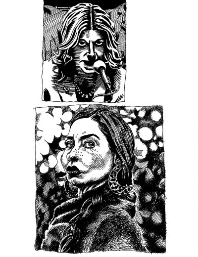 Ink drawing portraits of two white women. The woman in the top portrait has bleached blonde hair and wears a business suit with a necklace and lapel pin. She speaks into a microphone, looking up from under her lowered brows with a look of angry contempt. The woman in the bottom portrait is seen from a three-quarter view. Her brown hair is pulled back in a long braid and she wears a fur coat and two large, moon-shaped wire earrings made up of smaller indistinct shapes. One eyebrow is raised imperiously and she purses her lips. Behind her are a series of hazy circles surrounded by various areas of light and dark crosshatching, suggesting light shining through out-of-focus foliage. “The Sibyl, with frenzied mouth uttering things not to be laughed at, unadorned and unperfumed, yet reaches to a thousand years with her voice by aid of the god.”--Heraclitus