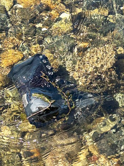 Photograph of a black-and-gray hiking boot in a shallow creek or river.