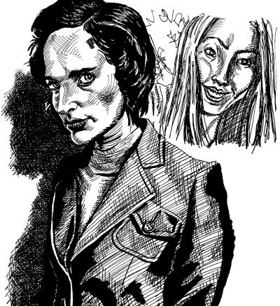 Ink drawing of the actress Phoebe Waller-Bridge and another young unknown woman from a different photo.