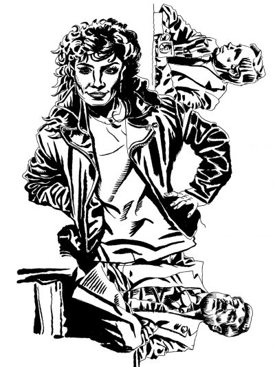 Ink drawing of Lisa Veldez from the cover of the "Head to Toe" single by Lisa Lisa and Cult Jam. Behind her and at a 90-degree angle are ink drawings of Johnny Carson and Oliver Reed from their 1975 “Tonight Show” interview.