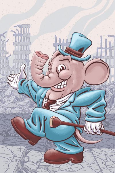 Digital painting of an anthropomorphic elephant walking down a city street that has been ruined by war or some other disaster. The skyscrapers in the background have collapsed, steel girders poking out of concrete frames. The sidewalks are cracked and littered with rubble, the street full of holes. Smoke and ash drift in front of an orange-glowing sky. In contrast, the elephant wears a spotless blue top hat and suit, white shirt and gloves. The brown band of his hat matches the color of his tie, shoes, and cane, which is topped with a sand-colored stone. The elephant grins and winks at the viewer, gesturing proudly at the destruction behind him. A pink, rat-like tail emerges from under the back of his suit jacket.