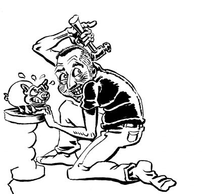 Ink-drawn cartoon of a middle-aged man kneeling down with a hammer to break a piggy bank, which recoils from him in fear. The man looks over his shoulder and smiles guiltily as if someone is behind him, but no one is there. Other details of the drawing are unfinished, such as the table on which the piggy bank stands.