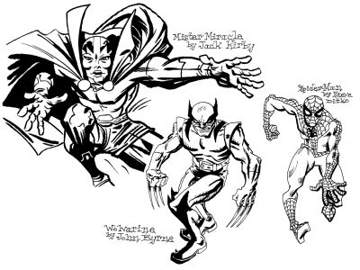 Ink-drawn copies of three superheroes as originally rendered by famous comic-book artists: Mister Miracle, as drawn by Jack Kirby, jumping over an obstacle; Wolverine, as drawn by John Byrne, standing threateningly in his blue and yellow costume with claws extended; and Spider-Man, as drawn by Steve Ditko, running toward the viewer.