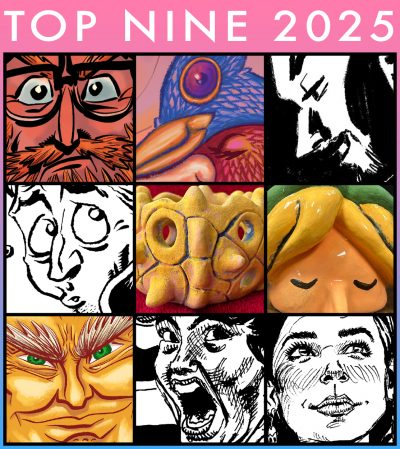 Grid of nine art and ceramic excerpts by Jesse Baggs under the text, “Top Nine 2025.”