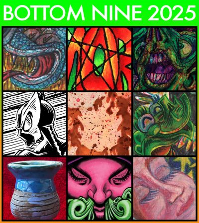 Grid of nine art and ceramic excerpts by Jesse Baggs under the text, “Bottom Nine 2025.”