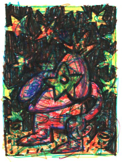 Colored-marker drawing of a naked little cartoon man standing on an asteroid in space, à la Saint-Exupéry’s “Little Prince.” However, this cartoon man has a large purple nose like a gerken, a spiky tuft of orange hair growing out of his pointed head, a star over one eye, and no genitalia.