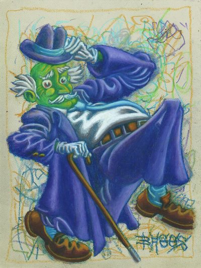Oil-pastel drawing of a mustachioed gentleman man in a purple suit taking a large step forward, one leg bent and elevated as if to execute a dance kick. The man supports himself with a cane held in his right hand while doffing a purple hat with his left. The hat has a light-blue band that matches his tie and socks; he also wears a brown belt that matches the color of his shoes, while the white of his hair, which grows from tufts above his ears but not the top of his head, matches his shirt and gloves. The man has green skin and bright brown eyes.