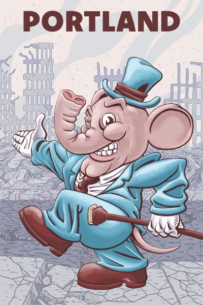 Digital painting of an anthropomorphic elephant walking down a city street that has been ruined by war or some other disaster. The skyscrapers in the background have collapsed, steel girders poking out of concrete frames. The sidewalks are cracked and littered with rubble, the street full of holes. Smoke and ash drift in front of an orange-glowing sky. In contrast, the elephant wears a spotless blue top hat and suit, white shirt and gloves. The brown band of his hat matches the color of his tie, shoes, and cane, which is topped with a sand-colored stone. The elephant grins and winks at the viewer, gesturing proudly at the destruction behind him. A pink, rat-like tail emerges from under the back of his suit jacket. At the top of the image in dark brown text is the word, “Portland.”