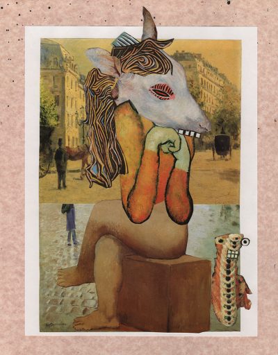 Collage depicting an anthropomorphic horse sitting on a box in the middle of a cobblestone street. The horse has long, blonde hair, a glowing red eye, and buck teeth. It wears an orange sweater but is naked below the waist. It curls its hands below its chin and crosses one leg over the other. Emerging from behind the box is a small pink creature with buck teeth and round white eyes on each side of its head. Elegant European buildings can be seen behind both creatures, along with horse drawn carriages and men wearing top hats.