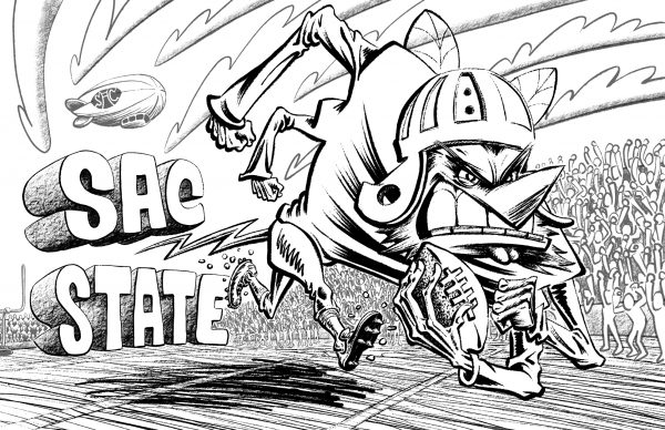 Digital black-and-white drawing of an anthropomorphic hornet wearing an old-fashioned American football uniform and running with a football down a football field. The hornet has four arms, two legs, and wings poking up from behind its shoulders. The insect’s face is cartoony and determined, brows lowered over its beady eyes, lips pulled back in a grin across gritted teeth. Stacked in the infield behind the insect are block letters forming the words “Sac State,” “sac” bouncing above the hornet’s stinger. Fans in the bleachers cheer on the hornet, while a blimp bearing the word “Sac” floats in the sky.
