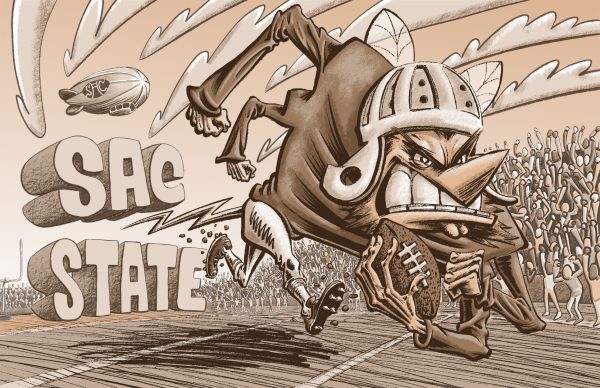 Digital painting of a sepia-colored, anthropomorphic hornet wearing an old-fashioned American football uniform and running with a football down a football field. The hornet has four arms, two legs, and wings poking up from behind its shoulders. The insect’s face is cartoony and determined, brows lowered over its beady eyes, lips pulled back in a grin across gritted teeth. Stacked in the infield behind the insect are block letters forming the words “Sac State,” “sac” bouncing above the hornet’s stinger. Fans in the bleachers cheer on the hornet, while a blimp bearing the word “Sac” floats in the sky.