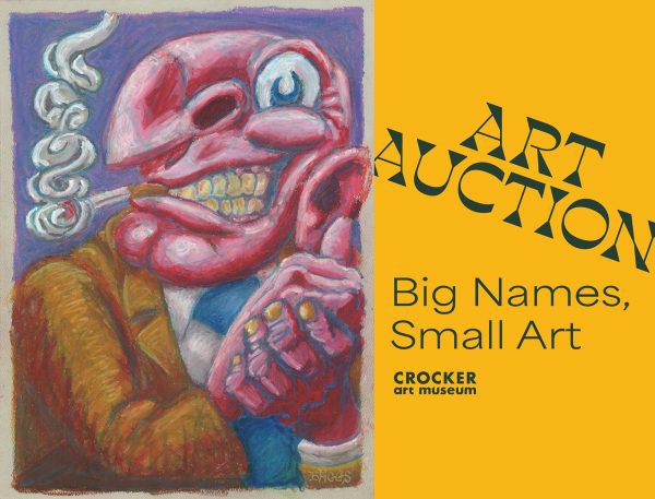 An oil pastel drawing and promotional flyer sit next to each other in the same image. In the pastel drawing by Jesse Baggs, a bald, oversized man smiles at the viewer and rubs his hands together. He smokes a cigarette, has nicotine-stained teeth and fingernails, and wears a tan overcoat and blue tie. The flyer by the Crocker Art Museum is yellow and features diagonal green text that reads, “Art Auction.” Below that in a smaller, horizontal font is the text, “Big Names, Small Art[;] Crocker Art Museum.”