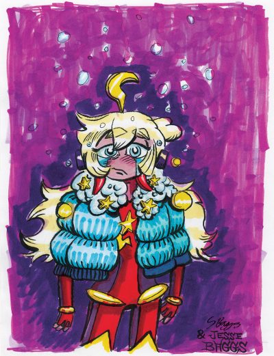 Alcohol marker on paper; 8.5” x 11”. Alcohol marker drawing of the vocaloid SF-A2 codename miki but colored off-canon: her hair is blonde and she wears a light-blue puffer jacket over a red and gold jumpsuit. She stands in front of a purple sky dotted with stars.