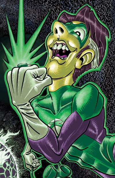 Digital drawing of Green Lantern Hal Jordan floating in space against a sea of colored stars. He looks down in pleasure at his ring, which sits on his clenched fist and bursts with power. His other hand holds his lantern by the handle. In the bottom left corner the planet Apokolips can be seen, several burning industrial pits visible from space.