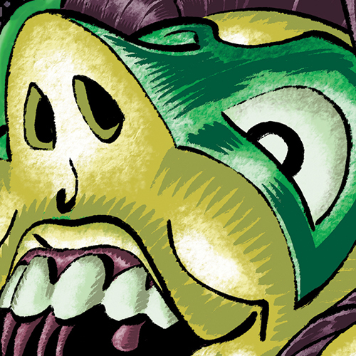 Digital drawing closeup on the face of Green Lantern Hal Jordan. His head is tilted back, face lit from below, and mouth open in a smile.