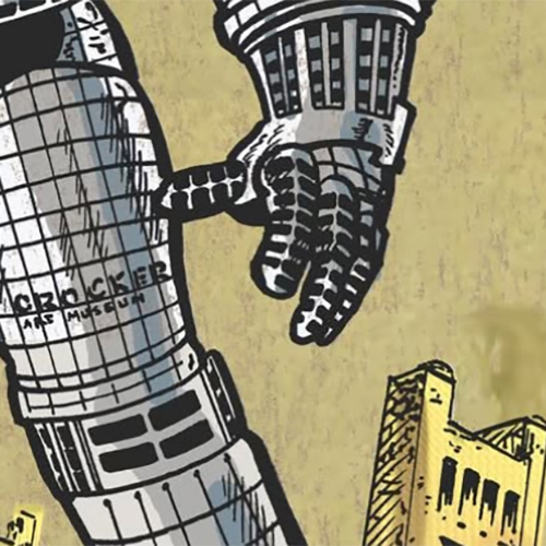Drawing of a robotic looking arm, hand, and leg, with the top of Sacramento’s Tower Bridge visible in the background. “Crocker Art Museum” is written on the leg.