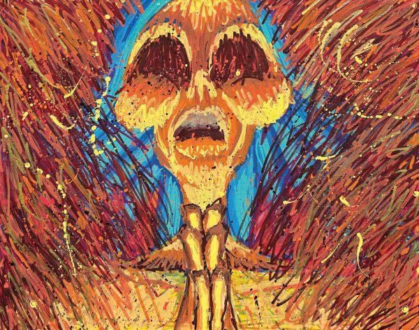 Painting of a woman who appears to be on fire. She has yellow skin and blue hair; her eye sockets are either empty or in shadow, her mouth open. Her hands are pressed together in front of her chest as if in prayer. The fire is suggested by scribbles and spatters of warm-colored paint.