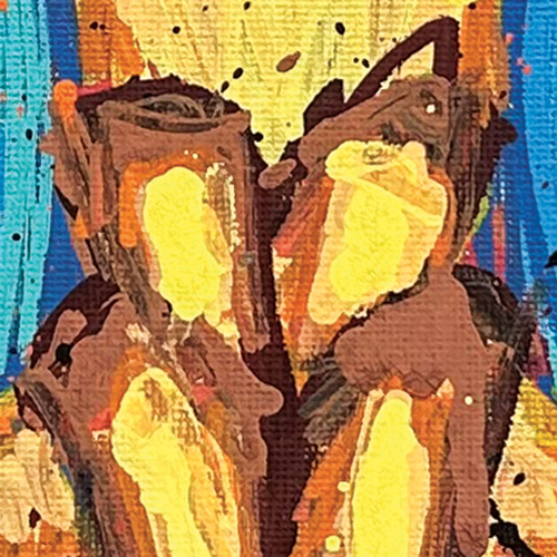 Painting of yellow tubular shapes surrounded by orange, light brown, and dark brown strokes. Behind that a column of yellow outlined in orange, and to each side columns made up of light and dark blue.