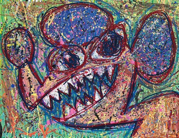 Painting of a jaggedly drawn Mickey Mouse as seen from the shoulders up, his eyes googly, his teeth sharp and pointed, his posture slouched. His ears and the ball of his nose are dark blue and his skin peach-toned. Mickey’s outline is made up of overlapping strokes of blue and red; the entire painting is splattered with multi-colored dots and scribbles. The background is green.